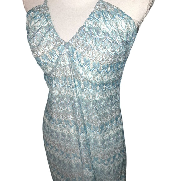 NWT- Sz L Gorgeous Aqua & Silver Knitted Low back Sleeveless Ruched Dress - Picture 6 of 13